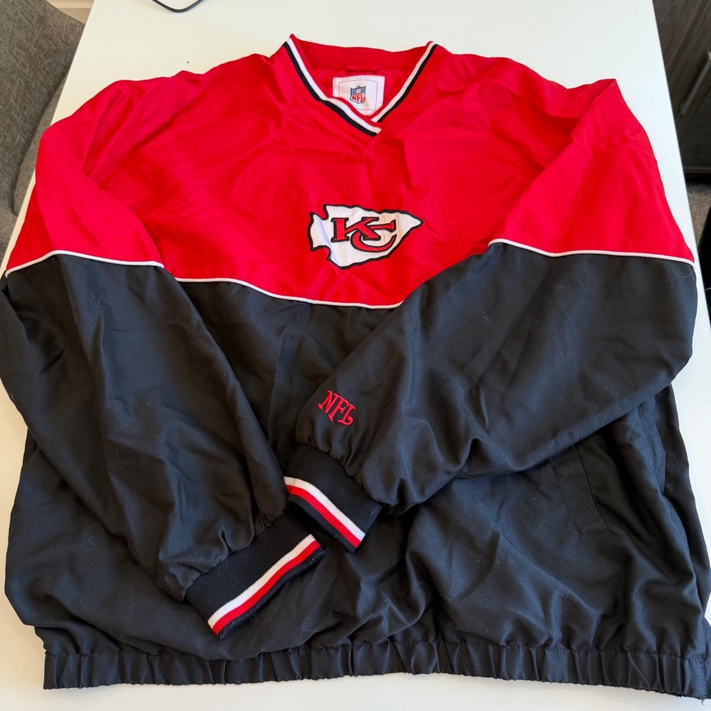 NFL Kansas City Chiefs Windbreaker Pullover Jacket Red Black Mens XL V-Neck